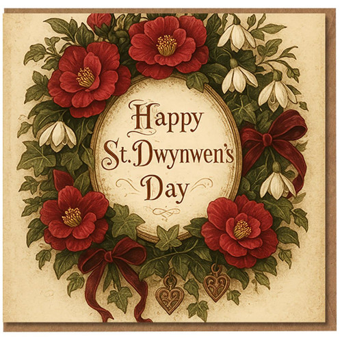 St Dwynwen's Day Card - Happy St. Dwynwen’s Day - Welsh Valentine’s Card, Vintage Floral Wreath with Red Flowers, Snowdrops, Ivy & Ribbons, Heart Charms - Romantic Love for 25 January