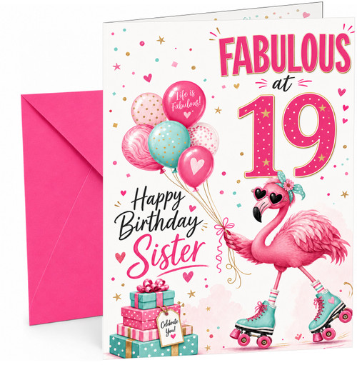 Sister 19th Birthday Card Fabulous Flamingo on Roller Skates