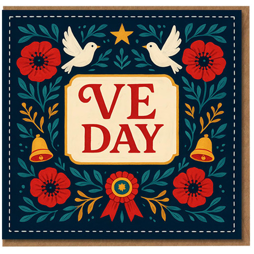 VE Day Greeting Card - Commemorative Celebration with Doves, Poppies, Bells and Rosette - Bold VE DAY Typography on Navy