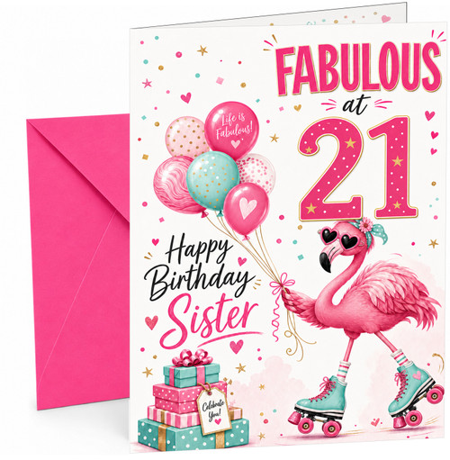 Sister 21st Birthday Card Fabulous Flamingo on Roller Skates