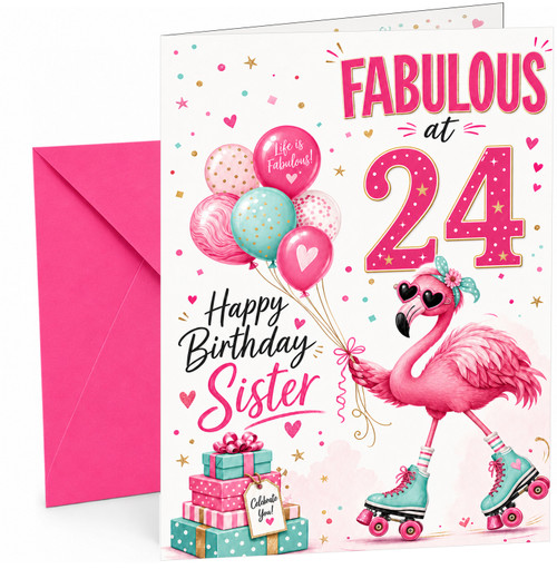 Sister 24th Birthday Card Fabulous Flamingo on Roller Skates