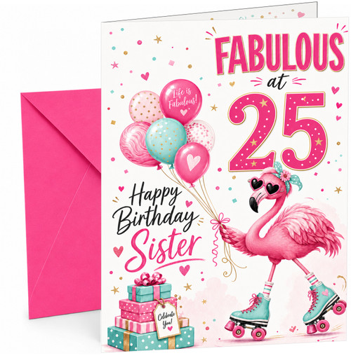 Sister 25th Birthday Card Fabulous Flamingo on Roller Skates