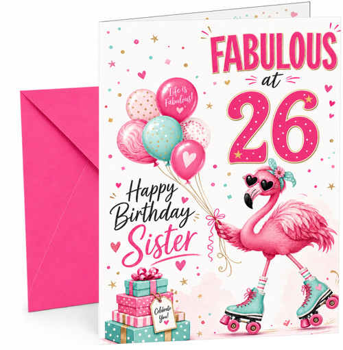 Sister 26th Birthday Card Fabulous Flamingo on Roller Skates