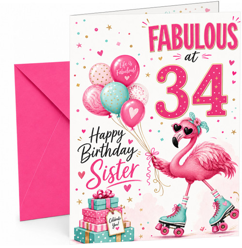 Sister 34th Birthday Card Fabulous Flamingo on Roller Skates