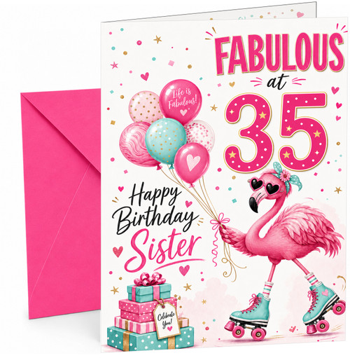 Sister 35th Birthday Card Flamingo on Roller Skates & Balloons