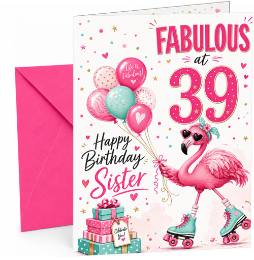 Sister 39th Birthday Card Fabulous Flamingo on Roller Skates