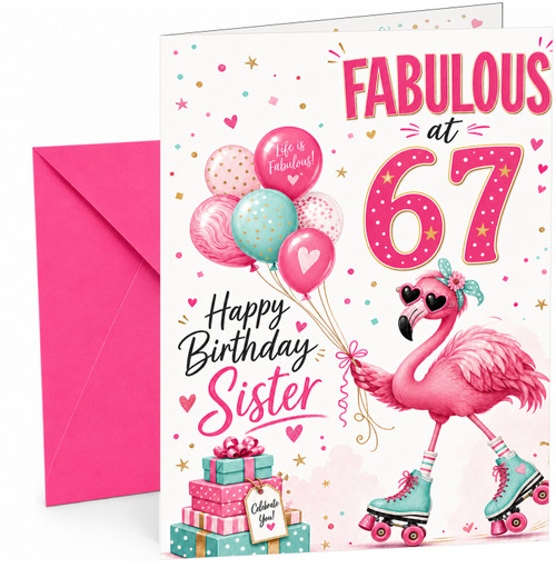 Sister 67th Birthday Card Flamingo on Roller Skates & Balloons