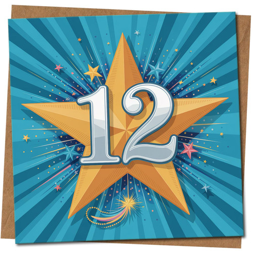 12th Birthday Card - Starburst Design, Blue & Gold Stars, Square 145mm x 145mm, Age 12 Card, Includes Kraft Envelope