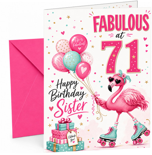 Sister 71st Birthday Card Flamingo on Roller Skates & Balloons