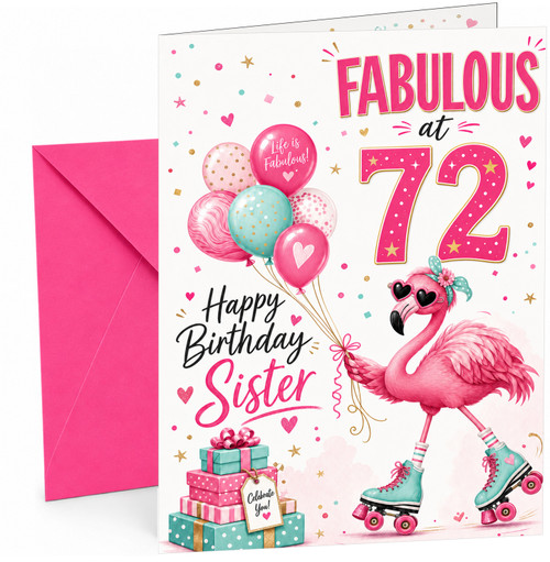 Sister 72nd Birthday Card Fabulous Flamingo on Roller Skates