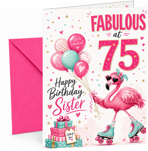Sister 75th Birthday Card Flamingo on Roller Skates & Balloons
