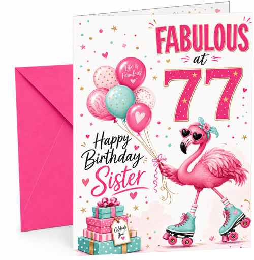 Sister 77th Birthday Card Fabulous Flamingo on Roller Skates