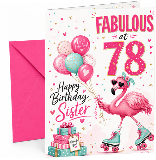 Sister 78th Birthday Card Fabulous Flamingo on Roller Skates