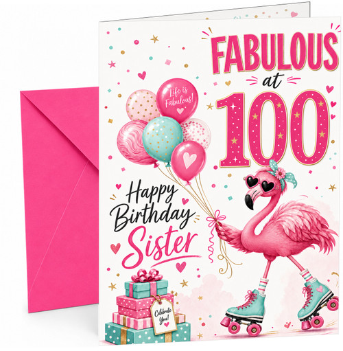 Sister 100th Birthday Card Flamingo on Roller Skates & Balloons