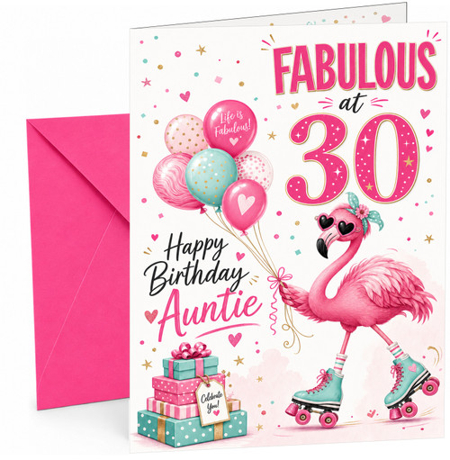 Auntie 30th Birthday Card Flamingo on Roller Skates & Balloons