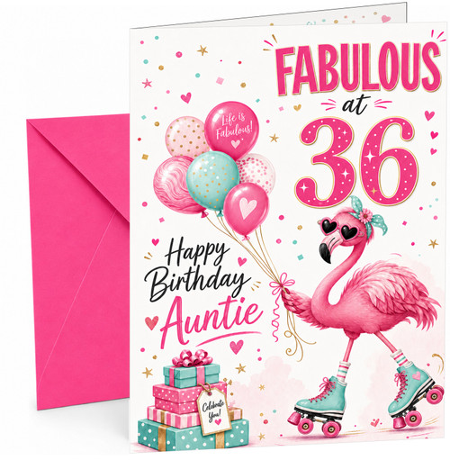 Auntie 36th Birthday Card Flamingo on Roller Skates & Balloons