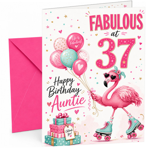 Auntie 37th Birthday Card Flamingo on Roller Skates & Balloons