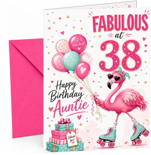 Auntie 38th Birthday Card Flamingo on Roller Skates & Balloons