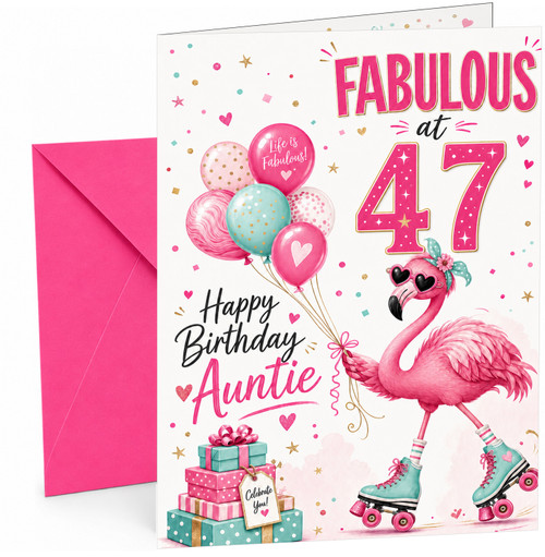 Auntie 47th Birthday Card Flamingo on Roller Skates & Balloons
