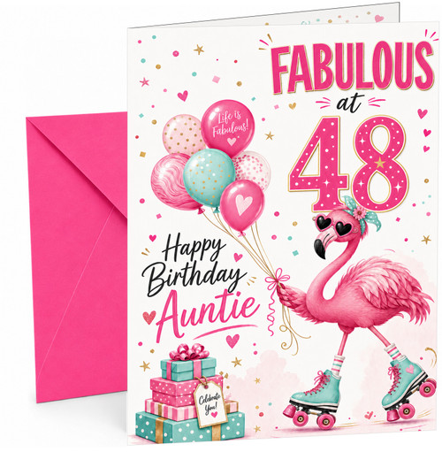 Auntie 48th Birthday Card Flamingo on Roller Skates & Balloons
