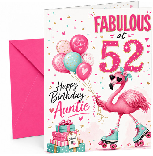 Auntie 52nd Birthday Card Fabulous Flamingo on Roller Skates