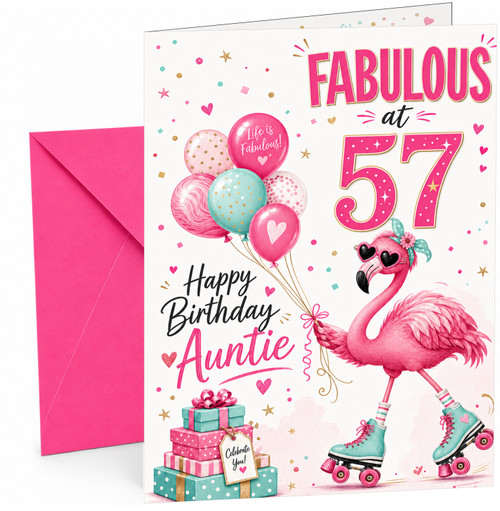 Auntie 57th Birthday Card Fabulous Flamingo on Roller Skates