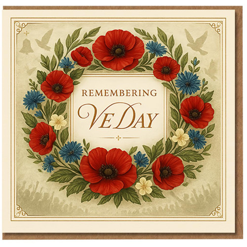 VE Day Remembrance Card - Poppy Wreath and Doves - Remembering VE Day Commemorative Greeting for Military Tribute and Wartime Anniversary
