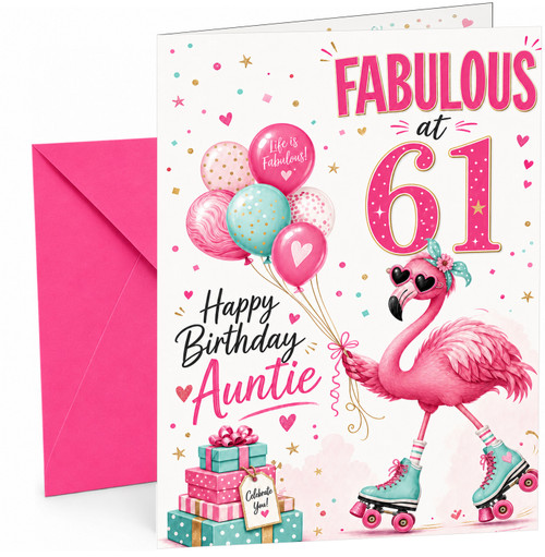 Auntie 61st Birthday Card Flamingo on Roller Skates & Balloons