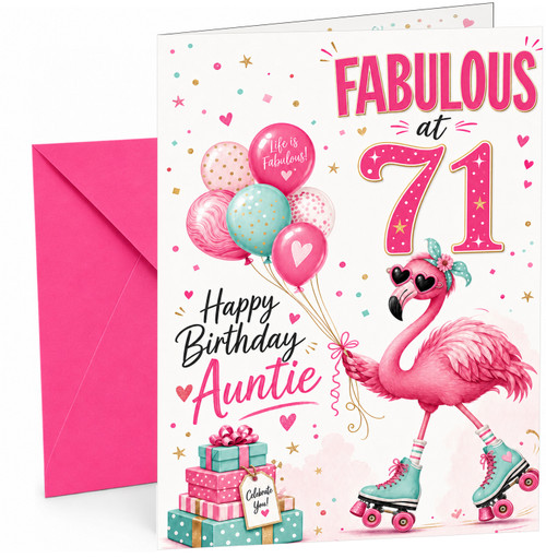 Auntie 71st Birthday Card Flamingo on Roller Skates & Balloons