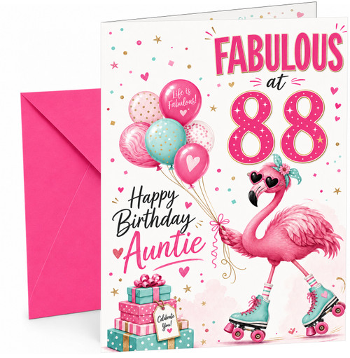 Auntie 88th Birthday Card Flamingo on Roller Skates & Balloons