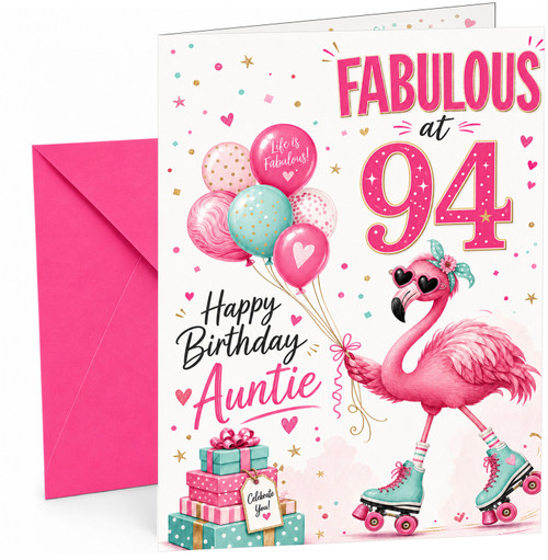 Auntie 94th Birthday Card Fabulous Flamingo on Roller Skates