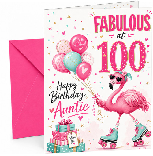 Auntie 100th Birthday Card Flamingo on Roller Skates & Balloons