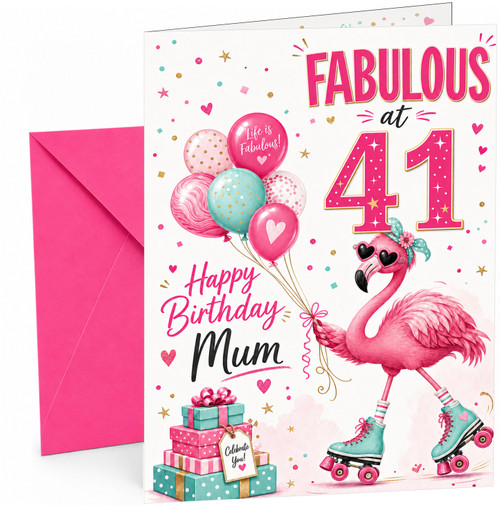 Mum 41st Birthday Card Flamingo on Roller Skates & Balloons