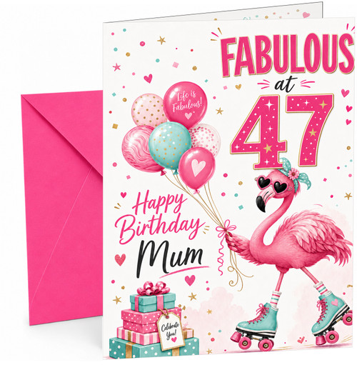 Mum 47th Birthday Card Fabulous Flamingo on Roller Skates