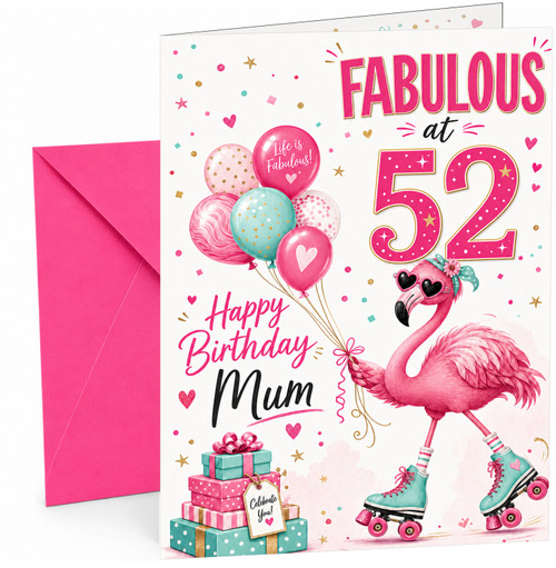 Mum 52nd Birthday Card Fabulous Flamingo on Roller Skates