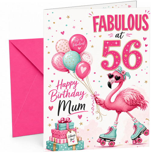 Mum 56th Birthday Card Flamingo on Roller Skates & Balloons