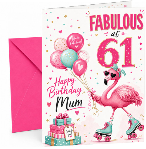 Mum 61st Birthday Card Fabulous Flamingo on Roller Skates