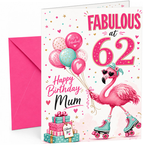 Mum 62nd Birthday Card Fabulous Flamingo on Roller Skates