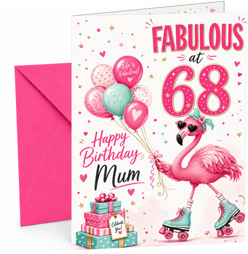 Mum 68th Birthday Card Flamingo on Roller Skates & Balloons