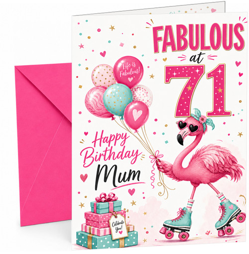 Mum 71st Birthday Card Flamingo on Roller Skates & Balloons