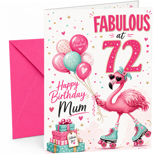 Mum 72nd Birthday Card Fabulous Flamingo on Roller Skates