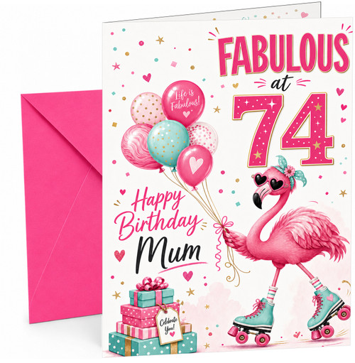 Mum 74th Birthday Card Fabulous Flamingo on Roller Skates