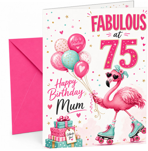 Mum 75th Birthday Card Fabulous Flamingo on Roller Skates