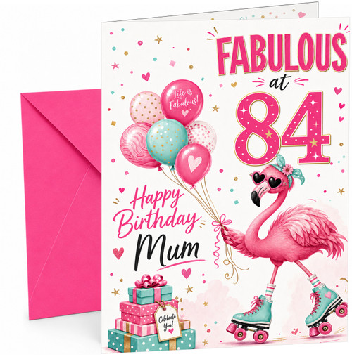 Mum 84th Birthday Card Flamingo on Roller Skates & Balloons