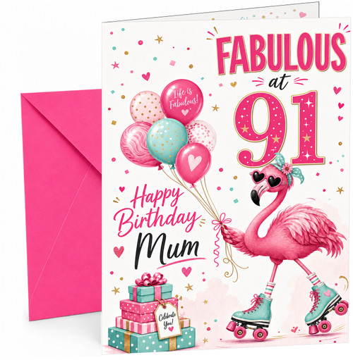 Mum 91st Birthday Card Fabulous Flamingo on Roller Skates
