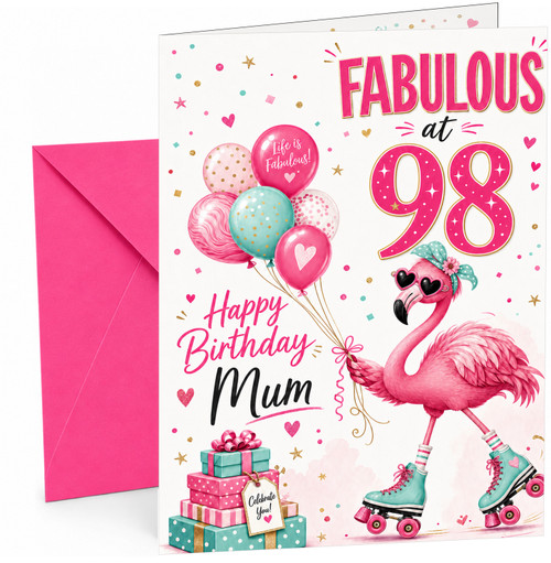 Mum 98th Birthday Card Fabulous Flamingo on Roller Skates