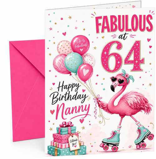 Nanny 64th Birthday Card Flamingo on Roller Skates & Balloons