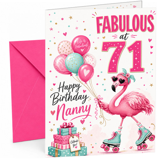 Nanny 71st Birthday Card Flamingo on Roller Skates & Balloons