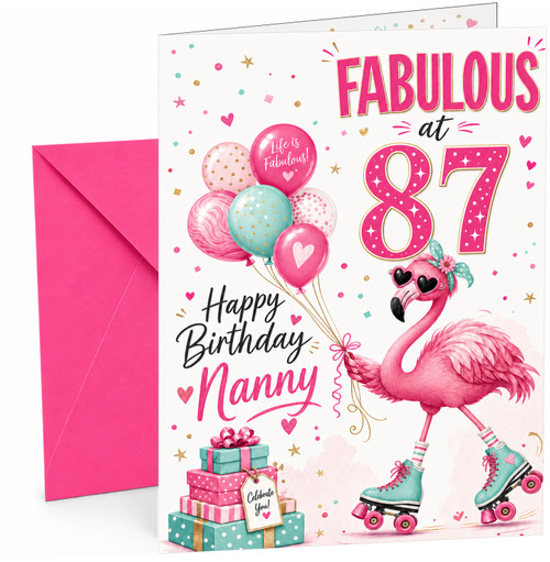 Nanny 87th Birthday Card Fabulous Flamingo on Roller Skates