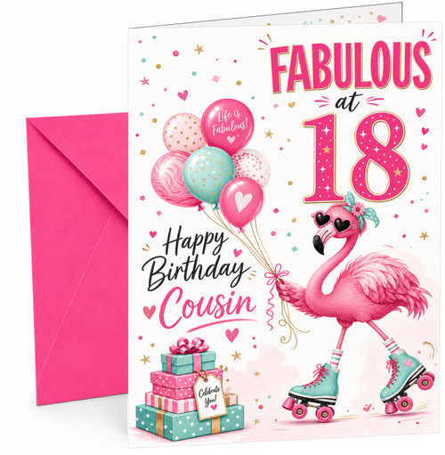 Cousin 18th Birthday Card Flamingo on Roller Skates & Balloons